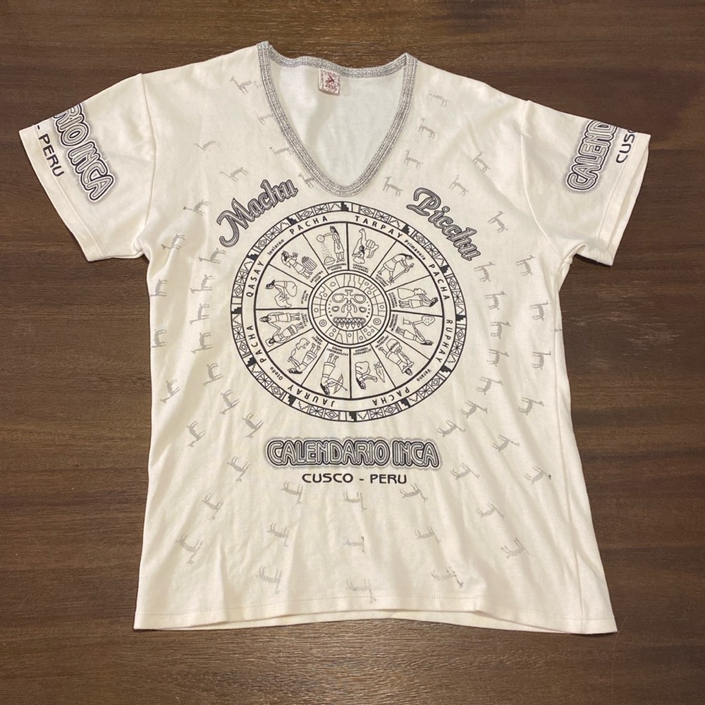 Calendario Inca Peru Cusco Cream Tee Size Large (small mark) 100% Cotton